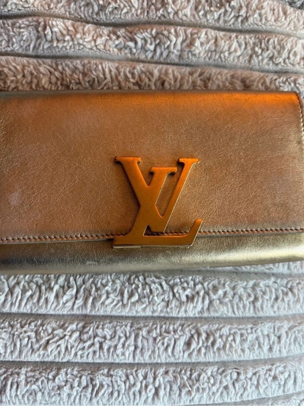 Louis Vuitton Gold Metallic LV Logo Clutch